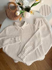 Solflare Plus Size Women's Striped Pattern Long Sleeve Button-Up Shirt And Pants 2-Piece Set Fall - Multicolor - View 5