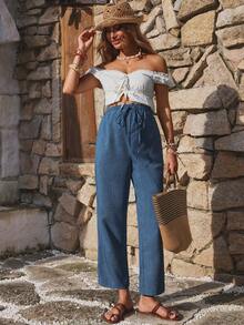 Boho Mama Quần dài bầu màu trơn, eo dây rút, phong cách thường ngày, đa năng, mặc đi ra ngoài hàng ngày - Màu xanh lam - Xem 8
