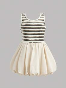 Young Girl Cute Summer Striped Knit Patchwork Hollow Out Sleeveless Dress Mommy And Me Matching Outfits (2 Sets Are Sold Separately) - Multicolor - View 5