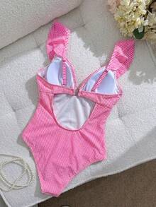 Swim Mod Women's Spring/Summer Sweet One-Piece Swimsuit With Colorblock Stripes, Special Fabric, Ruffle Collar, Pool Party Style - Multicolor - View 2