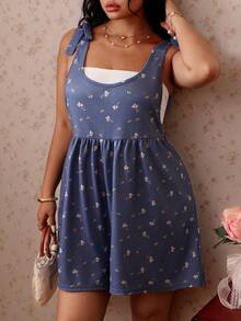 CovetEZ Plus Size Blue And White Ditsy Floral Tie-Front Casual Gothic Renaissance Fairycore Boho Jumpsuit, Spring/Summer Vacation Date Night - Blue - View 8