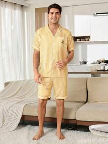 CoupledUp Men's Casual Blue & White Striped Simple Letter Print Loungewear Pajama Set - Yellow - View 7