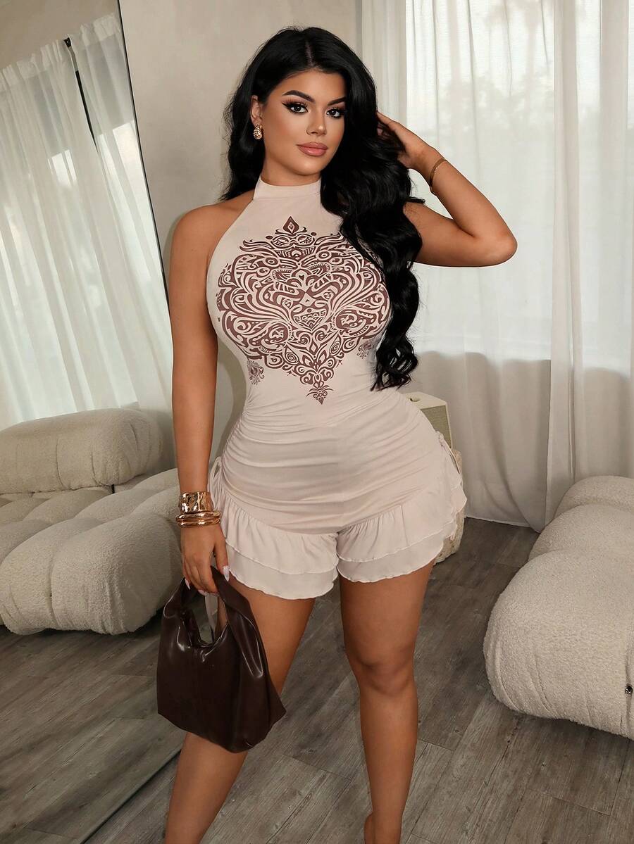 SHEIN SXY Women's New Summer BOHO Sexy Halter Neck Ruffle Jumpsuit Going Out Night Out Beige - Khaki - View 1