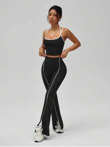 SHEIN Sports Women's Contrast Color Fitted Tank Top And Striped Flared Leg Split Hem Pants Sports Suit - Black - View 5