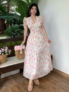Modelyn 女款修身雪紡印花洋裝，小交叉領口、珍珠鈕扣裝飾與泡泡袖 - 彩色 - 查看 7