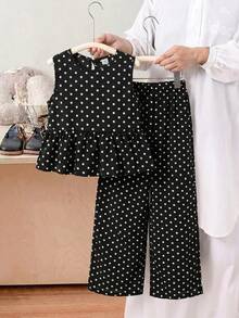 SHEIN 2件組 青少女圓點無袖上衣 & 寬鬆休閒長褲套裝 - 彩色 - 查看 4