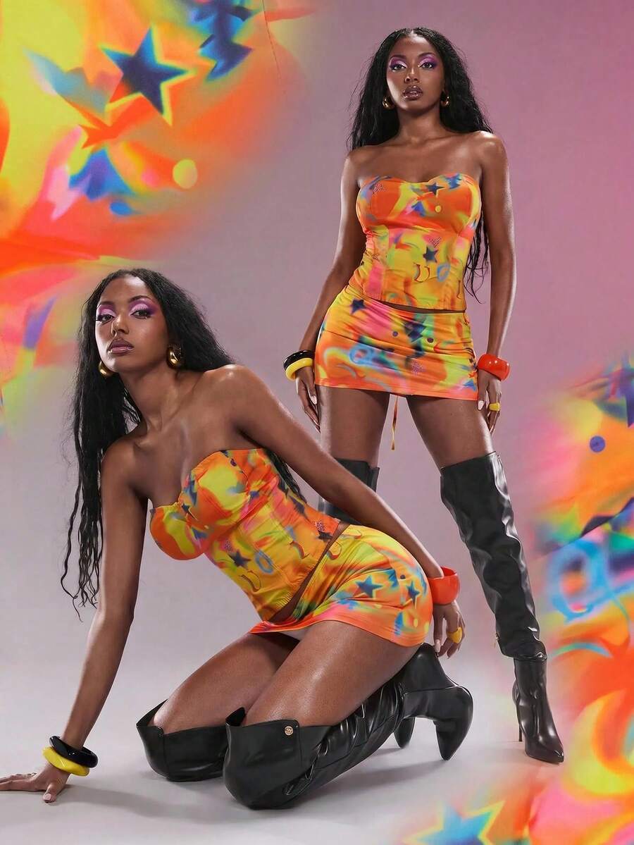 Modviera Women's Orange And Yellow Printed Casual Sexy Skirt Hot Night Autumn - Multicolor - View 1