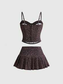 ROMWE Women's Y2K Sexy Retro Leopard Print Camisole Tank Top And Pleated Mini Skirt 2 Pieces Set Club Going Out Night Out Dark Brown Summer - Coffee Brown - View 2