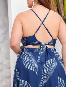 Wellenrocha Conjunto de 2 peças Regata com Estampa de Folhas e Saia com Bainha Dividida para Mulheres Plus Size, Looks Boho para Férias, para Tipos Físicos Pêra e Triângulo - Azul Marinho - Visão 3