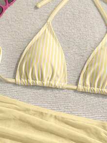 Soleia Set Baju Renang Wanita Terdiri dari Atasan Bikini Segitiga Halter Bergaris, Bawahan Bikini Segitiga, dan Rok Jala Pendek dengan Tali Serut. - Kuning muda - View 4