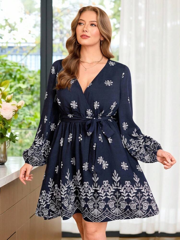 Plus Size Women's Navy Blue Floral Print Elegant Tea Party Dress,V-Neck Long Sleeve Belted Boho Casual Vacation Short Dresses For Autumn,Spring 2026