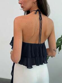 Aloruh Women's Solid Color Ruffle Asymmetrical Hem Cropped Halter Top For Vacation - Navy Blue - View 2