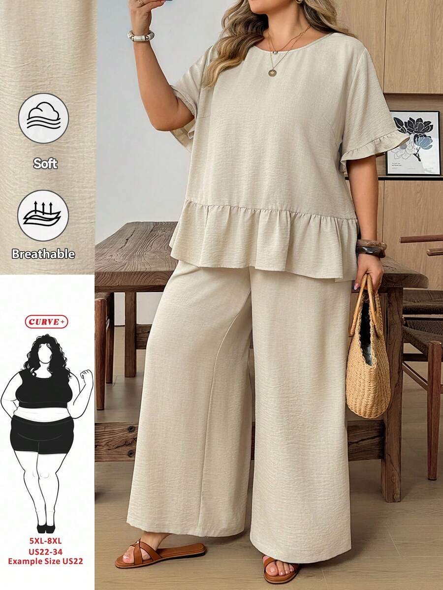SHEIN CURVE+ Women's Plus Size Solid Color Round Neck Pleated Short Sleeve Top And Wide Leg Pants Casual Two Pieces Set Summer Vacation Beige Vacation - Grey - View 1