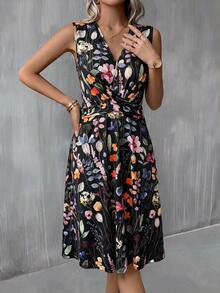 SHEIN Clasi 女款新款優雅V領收腰顯瘦打結針織A字中長洋裝 夏季度假洋裝 - 黑色 - 查看 5