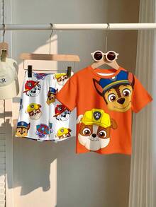 SHEIN | PAW Patrol Setelan 2 potong kaos lengan pendek dan celana pendek berkerah bulat motif kartun lucu klasik untuk anak laki-laki, kasual, sederhana, longgar, nyaman, dan imut, cocok untuk musim semi dan musim panas. - MultiWarna - View 4