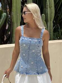 DAZY 女款夏季休閒優雅可愛珠飾裝飾無袖牛仔上衣，適合夜晚外出、早午餐、茶會，淺藍色 - 藍色 - 查看 3