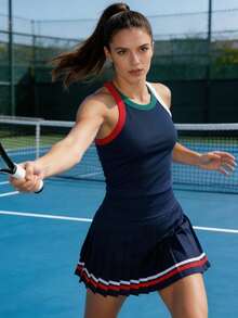 CourtClass CourtClass Women's Tennis Skirt & Contrast Color Tank Top Set - Navy Blue - View 8