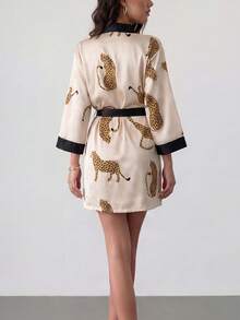 Rafferiza Leopard Print Mid-Length Sleeve Robe, Casual Daily Wear Luxe Loungewear, Fall, Winter - Multicolor - View 2
