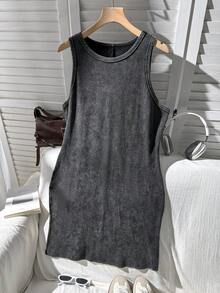 Comfortcana Casual Retro English Slogan Print Plus Size Women Round Neck Sleeveless Bodycon Dress, Suitable For Summer Gym Brown - Black - View 4