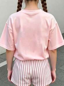 青少年女孩休閒簡約可愛個性化紋理小狗印花寬鬆圓領短袖T恤與休閒藍白條紋寬鬆短褲2件套，適合春夏季，小狗風格，舒適春夏季款式，女孩O - 彩色 - 查看 3