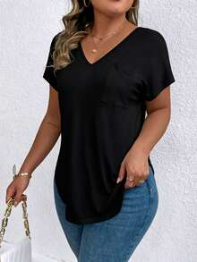 EMERY ROSE Regular Women's Solid Color V-Neck Short-Sleeved Casual T-Shirt - Black - View 4