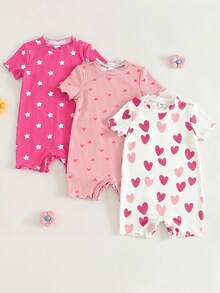 SHEIN 3pcs Baby Girl Knitted Star & Heart Pattern Ruffle Collar Casual Romper Set - Multicolor - View 8