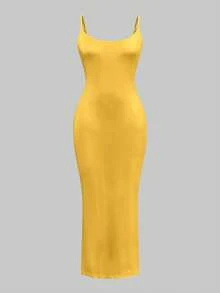 Slaydiva Casual Plus Size Women's Solid Color Fitted Spaghetti Strap Dress - Yellow - View 3