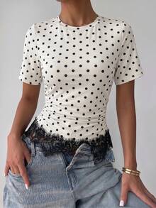 Modelyn Women's Spring/Summer Knit Digital Polka Dot Short Sleeve Black Lace Trim Cinched Waist Ruched Commuter Casual T-Shirt Going Out Tops - Multicolor - View 5