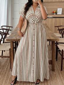 Weeklong Plus Size Women's Spring/Summer Colorful Retro Striped Print Long Sleeve Twist Knot Shirt Collar A-Line Casual Vacation Maxi Dress - Multicolor - View 4