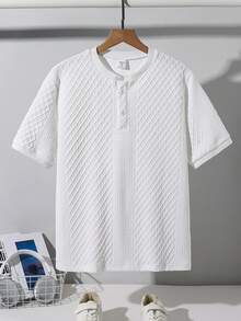 SHEIN Teen Boys Summer Casual Basic Plain Casual Simple And Comfortable White Textured Fabric Breathable Small Stand-Up Collar Short Sleeve Hot-Selling Polo Shirt, Suitable For Spring/Summer, Daily Wear, Sports, Outings, School, Parties, Festivals, Photoshoots - White - View 3