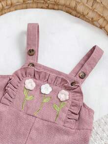 SHEIN 女嬰可愛百搭休閒粉色彩虹刺繡連身褲，適合兒童在春、夏、秋、冬穿著 - 粉色 - 查看 3