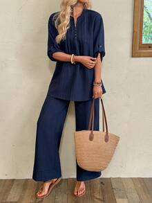 EMERY ROSE Women's Solid Color Notch V-Neck Rolled Sleeve Shirt And Pants Casual Two Pieces Set - Navy Blue - View 4