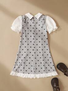 SHEIN Young Girls' 2 In 1 Dress With Bowknot Print, White Puff Short Sleeves, Cinched Waist, A-Line Bowknot Design, Patchwork Detail, Suitable For Parties, Outings And School Wear - Grey - View 3