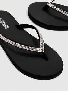 Grefit Woman Shoes Rhinestone Decor Toe Post Design Flip Flops For Summer Vacation Shoes For Casual Beach Style Shoes - Black - View 3