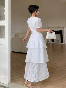 Modelyn Spring/Summer Hollow Embroidery Short Sleeve Round Neck Cropped Top Layered Cake Long Skirt 2 Pieces Set Vacation White Elegant - White - View 3