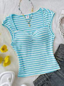 Teen Girls Summer New Ocean Blue Knit Textured Jacquard Ruched Chest Sweet Girly Cute Home Casual Off-Shoulder T-Shirt - Blue - View 3