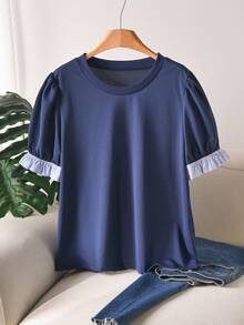 CosyJoli Women's Plus Size Round Neck Ruffle Contrast Color Striped Patchwork Sleeve Fashion T-Shirt Office Work Blue T-Shirt For Women Daily Going Out T-Shirt - Navy Blue - View 1