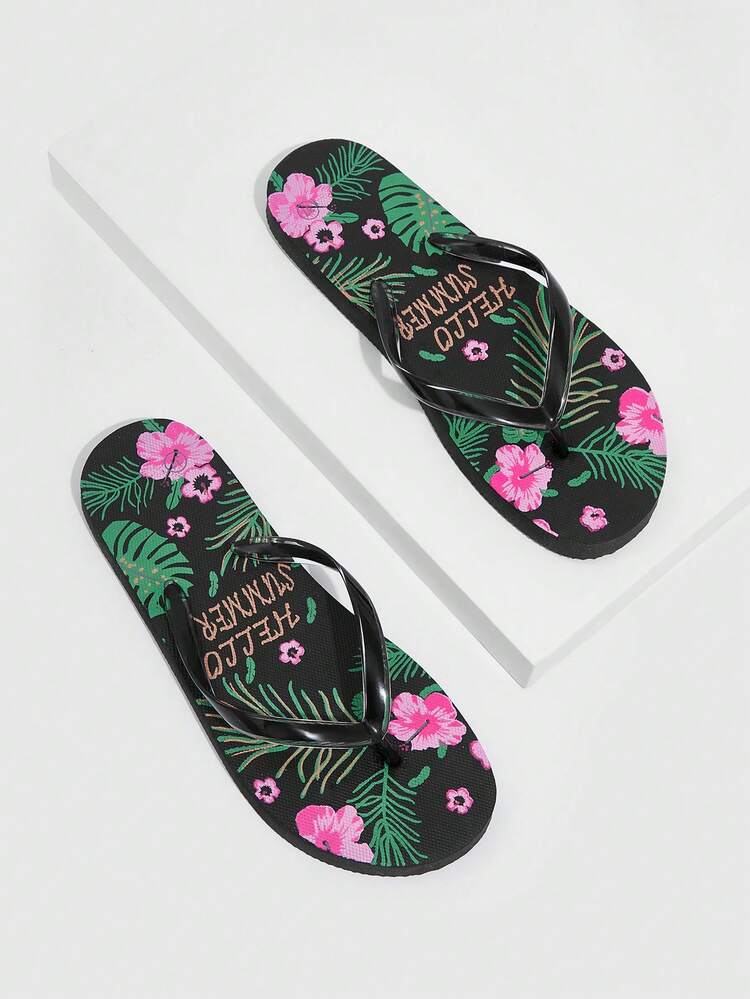 Woman Shoes Lightweight Flower Pattern Fashion Black Beach Flip Flops For Summer Vacation Shoes Summer Back To School Shoes College Student Shoes Spring Shoes Spring Break Easter For Casual Beach Style For Christmas Beach Shoes Summer Shoes