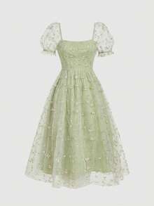 SHEIN MOD Plus Size Women's Sage Green Romantic Flapper 1920s Cottage Core Embroidered Puff Sleeve Mesh Midi Dress Vintage Court Style Old Money Vibe Wedding - Green - View 8