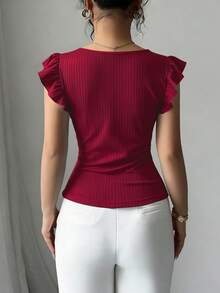 Elenzga 女款V領短袖素色T恤休閒日常款 - 酒紅色 - 查看 5