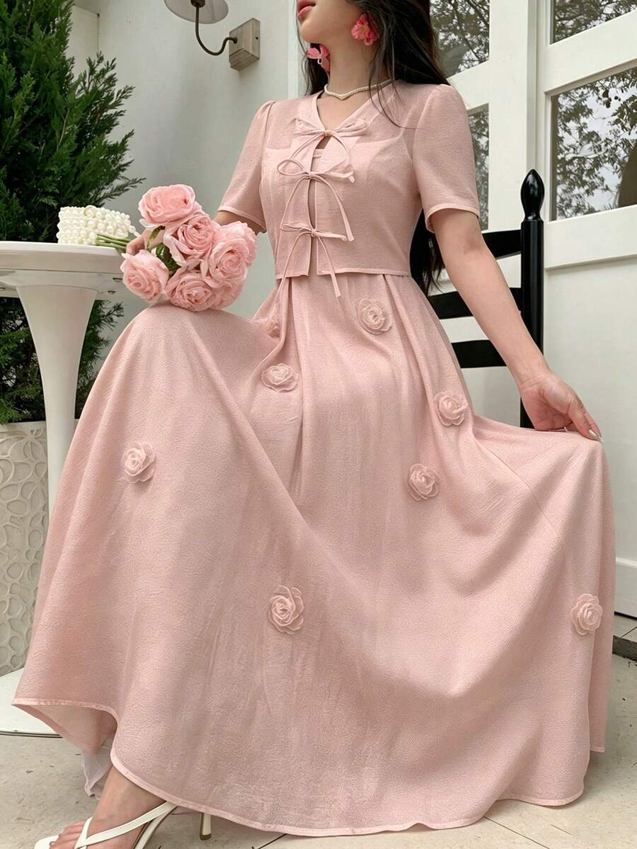 Modelyn 女款優雅純色3D花卉裝飾細肩帶洋裝與前綁帶上衣2件套,夏季 - 粉色 - 查看 1