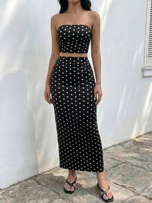 SHEIN 少女度假针织经典黑白波点图案修身露脐背心和低腰鱼尾裙两件套，含围巾 - 黑色 - 查看 8