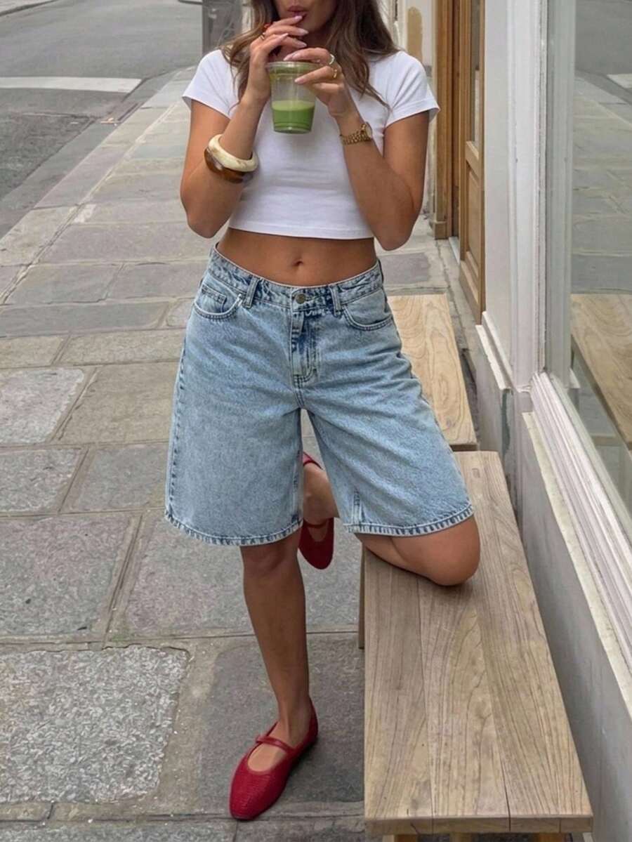 SHEIN 100%纯棉低腰水洗牛仔短裤 - 中等水洗藍 - 查看 1