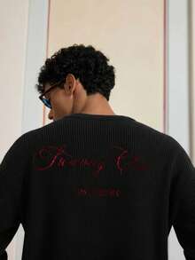 SWAVVY Sweater Pria Kasual Bordir Huruf Musim Gugur/Dingin - Hitam - View 6