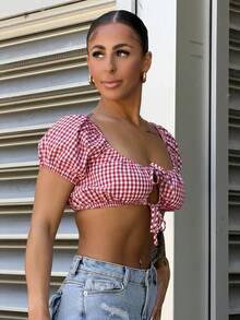 SAYEHFBABY Red & White Plaid Off-Shoulder Tie-Front Cropped Short Sleeve Top, Sexy For Commute & Vacation, Spring/Summer/Autumn - Red and White - View 5