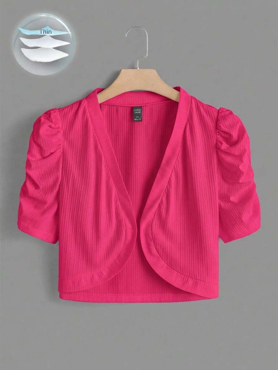SHEIN Clasi Chaqueta corta de talla grande con manga de pétalo y frente abierto - Rosa Fucsia - Ver 1