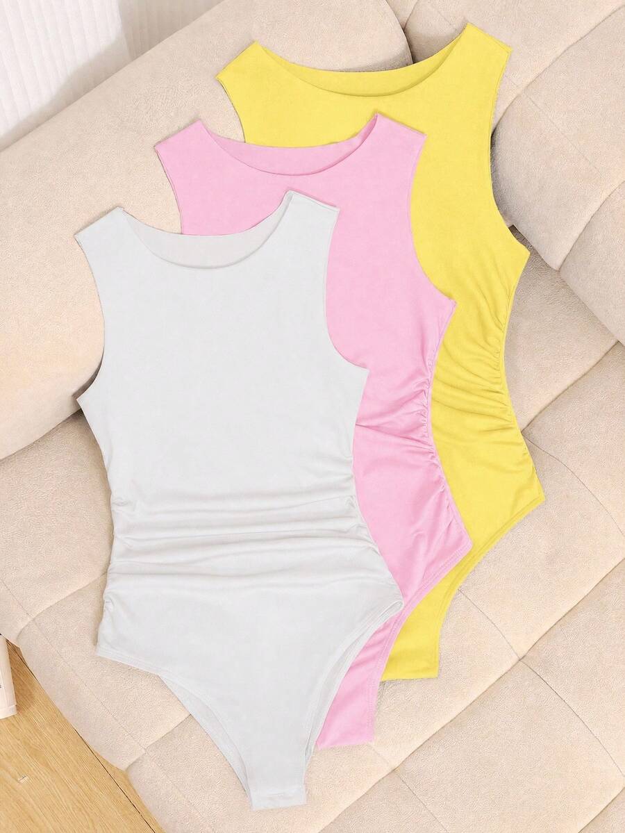 SHEIN 青少年女孩休閒腰部抓褶百褶圓領無袖連身衣 3 件組 海灘風 白色 粉色 淡黃色 夏季 - 彩色 - 查看 1