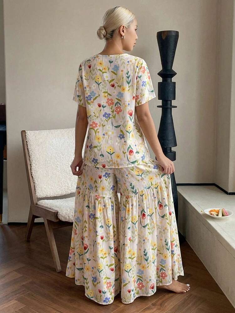 Floral Print Loose Short Sleeve T-Shirt & Wide Leg Long Pajama Pants 2pcs Set Summer Women's Sleepwear Outfit