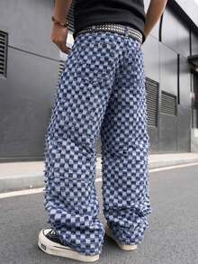 Manfinity Roghcode Jeans de pierna ancha con bolsillos y corte a cuadros para hombres - Azul - Ver 6