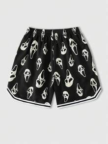 ROMWE MEN Street Life Men's Casual Gothic Fashion Ghost Face Print Pocket Drawstring Waist Shorts - Black - View 2